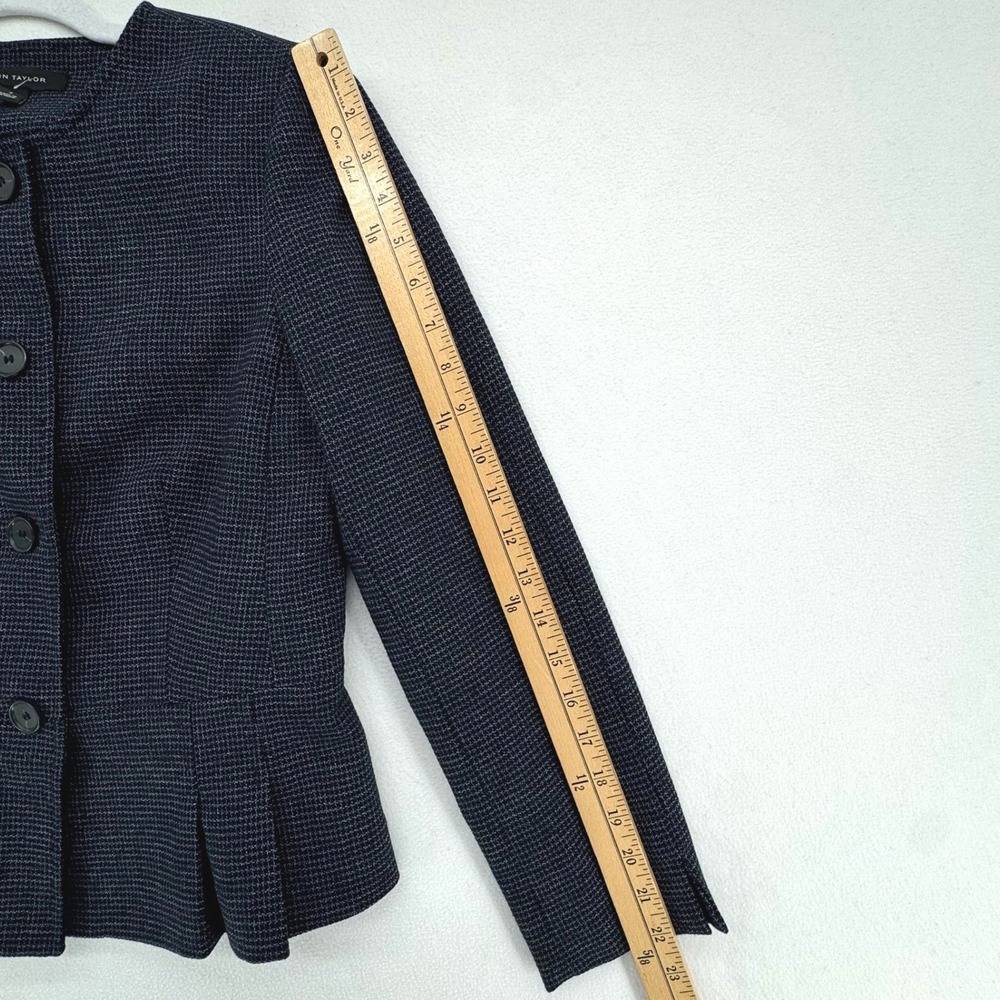 Ann Taylor Peplum Blazer Women 2 Navy Blue Micro Check Collarless Button Jacket - Picture 6 of 7